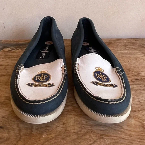 RALPH LAUREN POLO Vtg 80s Nautical Blue White Crest Loafer Deck Shoes 8.5AA Nice